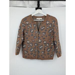 Loft Zipper Sweater Cardigan Wool Leopard Animal Print Women's XS Cold Weather